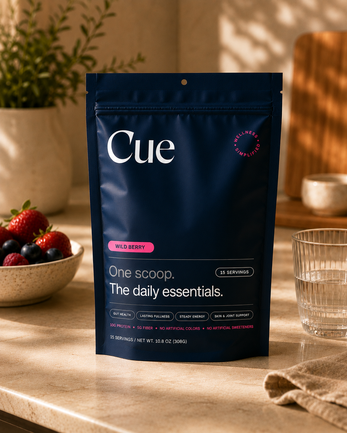 Cue Wild Berry pouch on a kitchen counter