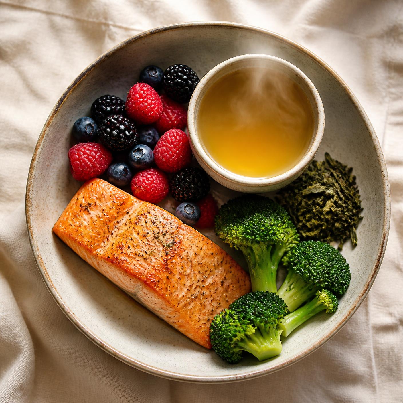 A bowl of salmon, berries, bone broth, green tea, and broccoli — the whole-food analogs behind one scoop of Cue.