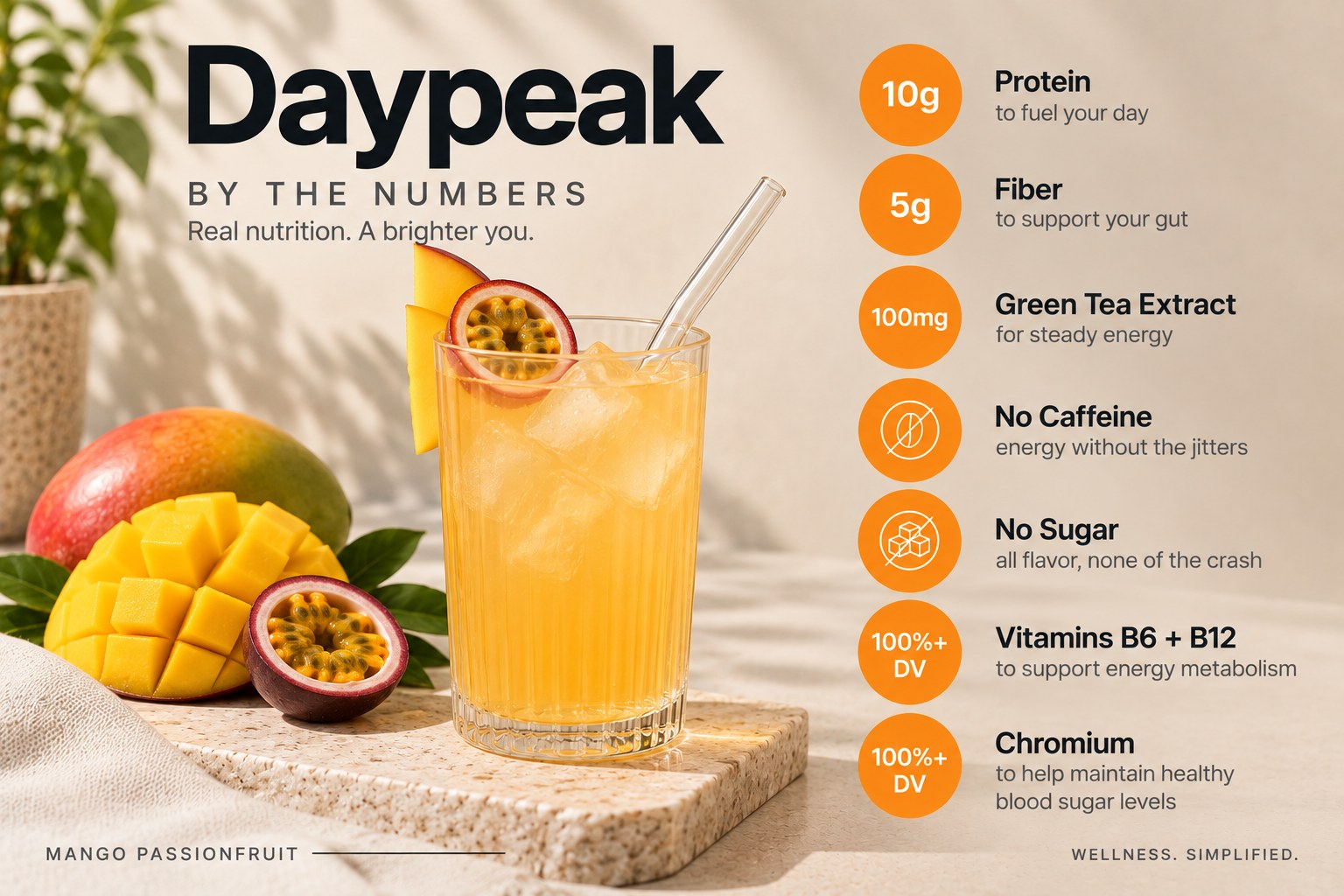 Daypeak Mango Passionfruit by the numbers - 10g protein, 5g fiber, 100mg green tea extract, no caffeine, no sugar, vitamins B6 and B12, chromium
