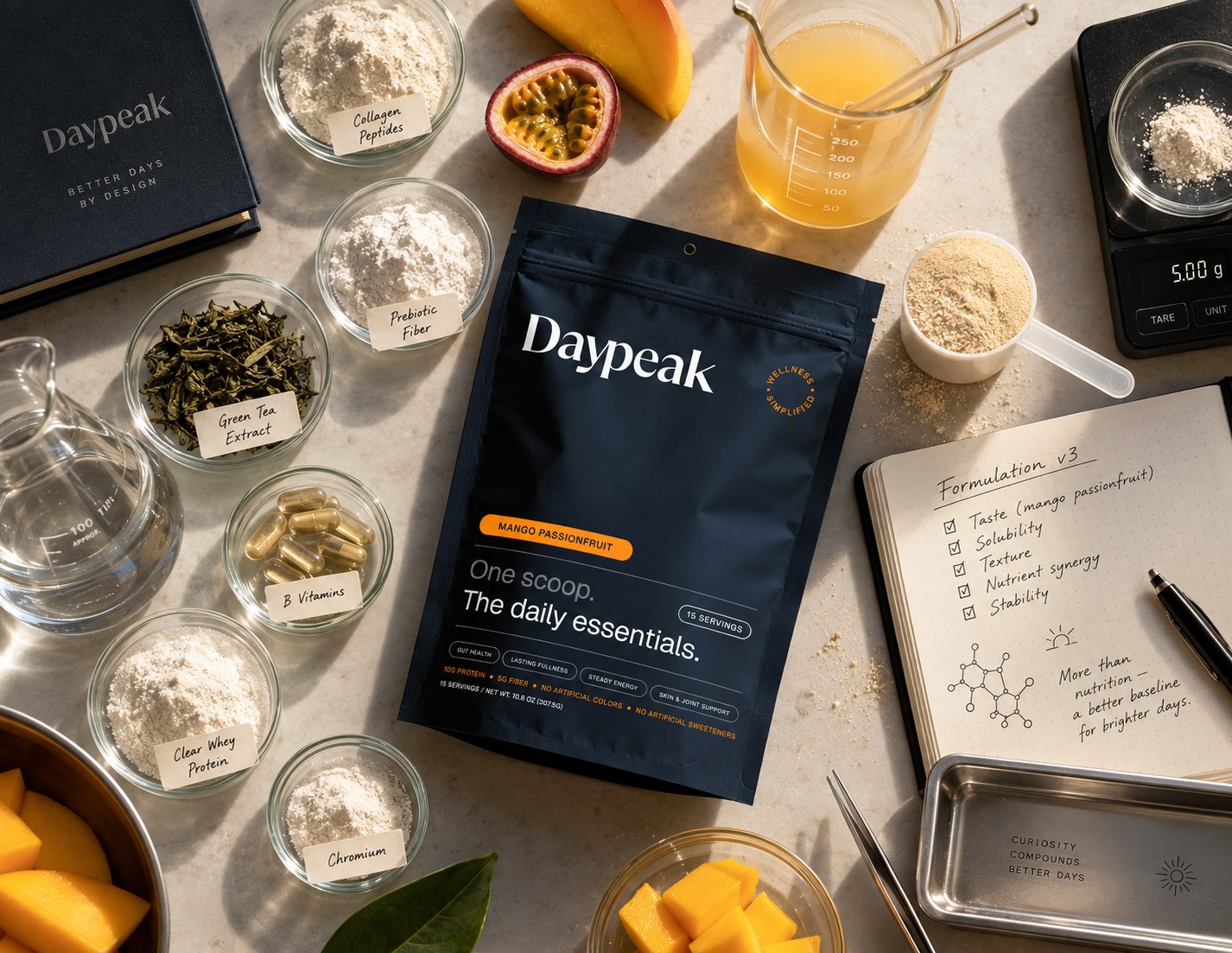 The Mango Passionfruit pouch surrounded by its labelled ingredients — clear whey protein, collagen peptides, prebiotic fiber, green tea extract, B vitamins and chromium